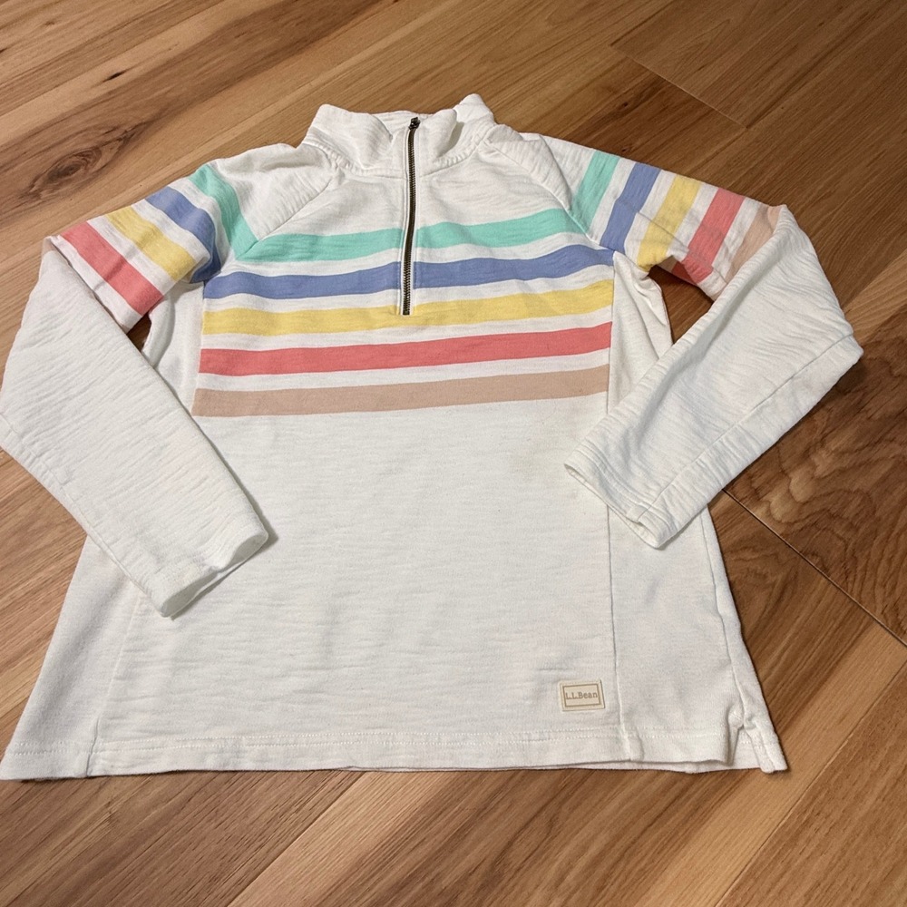 LL Bean Quarter Zip Pullover Womens S White Pastel Rainbow Stripe Slub 522692